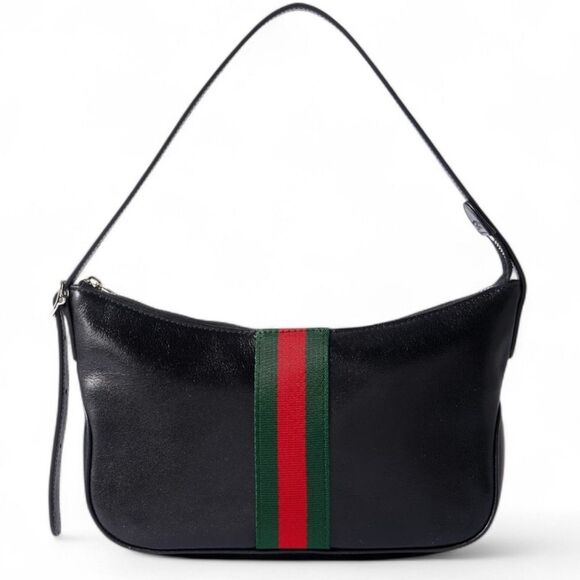 Gucci Designer Lunetta leather Purse Trimmed Jacquard Shoulder Bag Green Red - Picture 9 of 13